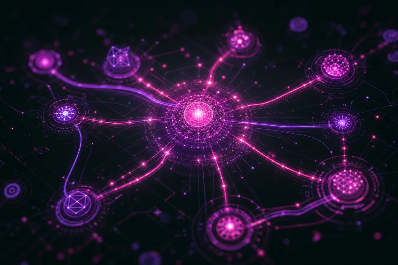 Abstract visualization of an agentic AI system: interconnected nodes coordinating tools and reasoning.
